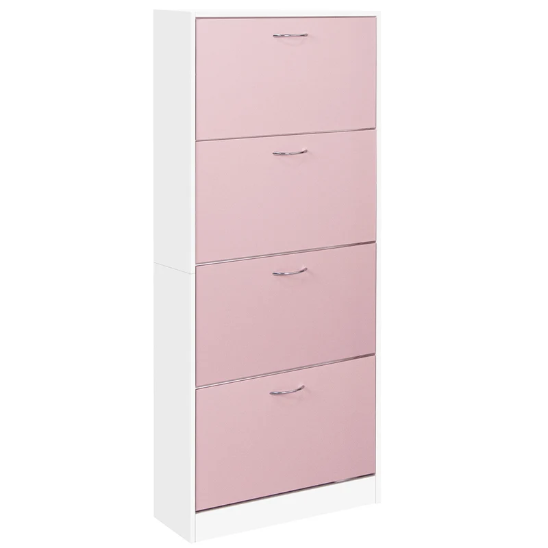 Scarpiera 4 Ante con Maniglia 63x24x150 cm Ripiani Doppia Profondità in MDF Bianco e Rosa