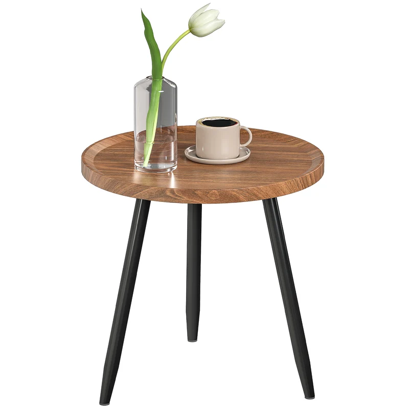 Tavolino da Salotto Ø40x39 cm con Bordo Rialzato e 3 Gambe in Legno e Acciaio Nero e color Legno