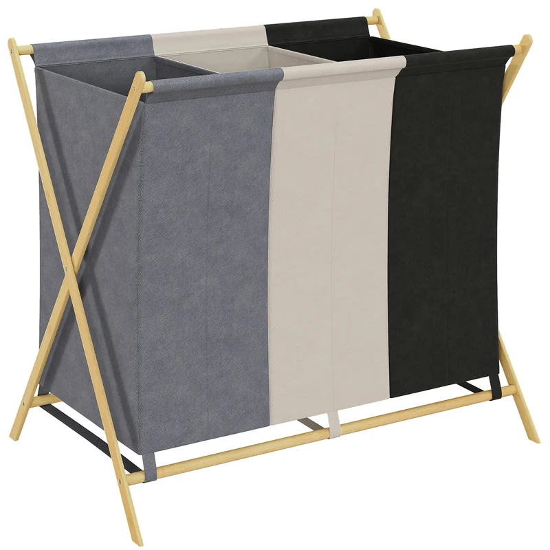 Cesto Portabiancheria Pieghevole 75x48x67 cm a 3 Scomparti in Bambù e Tessuto Effetto Lino Multicolore
