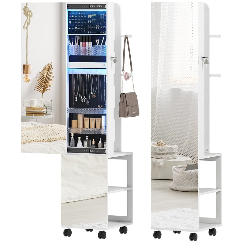 Specchio Girevole con Armadietto Portagioielli e Appendiabiti 37x40x165,5 cm Luce LED Regolabile e Serratura in MDF Bianco