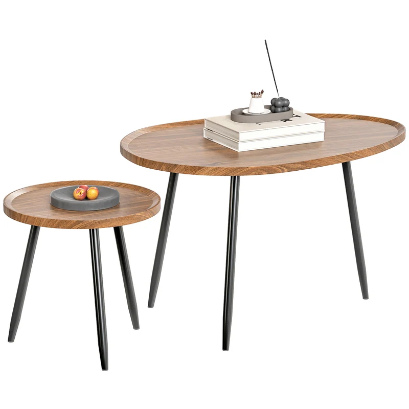 Set 2 Tavolini da Salotto Sovrapponibili in MDF e Gambe in Metallo Colore Legno Scuro