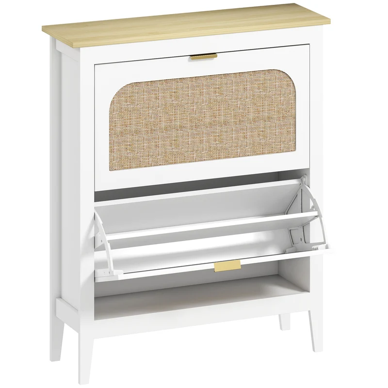 Scarpiera Slim Stile Boho con 2 Cassetti Ribaltabili per 14 Paia di Scarpe 80x24x95,5 cm Anta con Pannello in Rattan Bianco