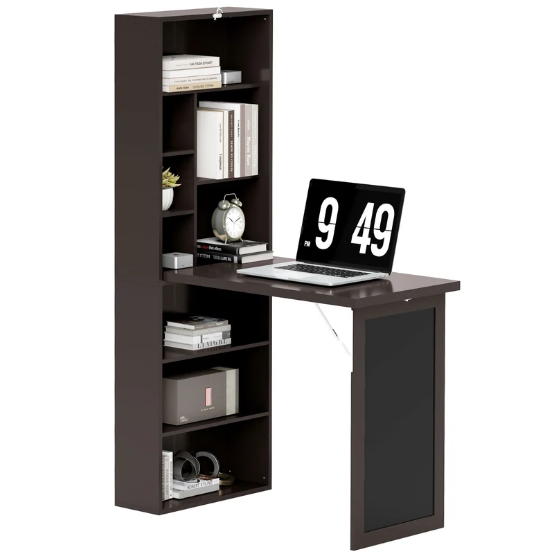Mobile Libreria con Scrivania Salvaspazio Pieghevole 98x51x153 cm in Legno e MDF Marrone
