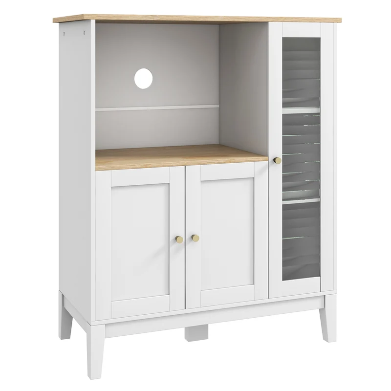 Mobile Cucina Multiuso per Microonde 80x35x97 cm Ripiani Chiusi e Mensola con Passacavi in MDF Bianco