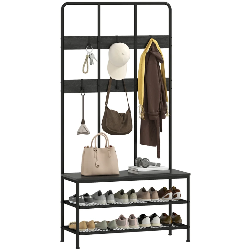 Mobile Ingresso Appendiabiti con Mensola e Scarpiera 91x36x180 cm Struttura in Metallo Nero