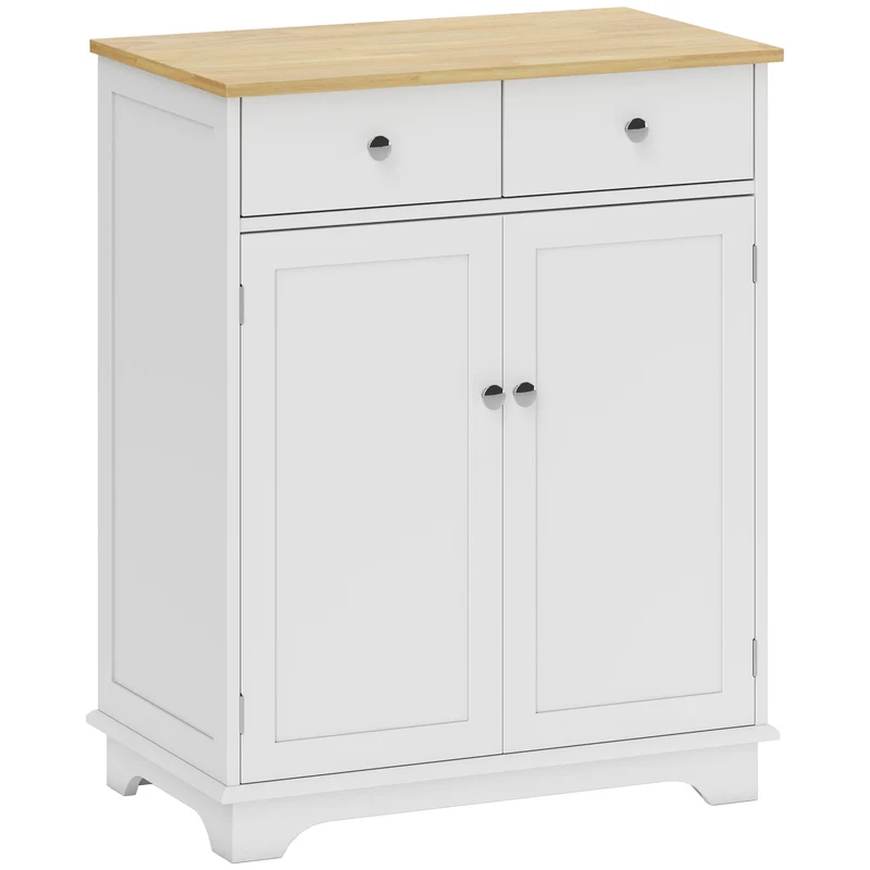 Credenza Bassa 68x40,3x85 cm con Armadietto e Cassetti in MDF e Legno di Caucciù Bianco