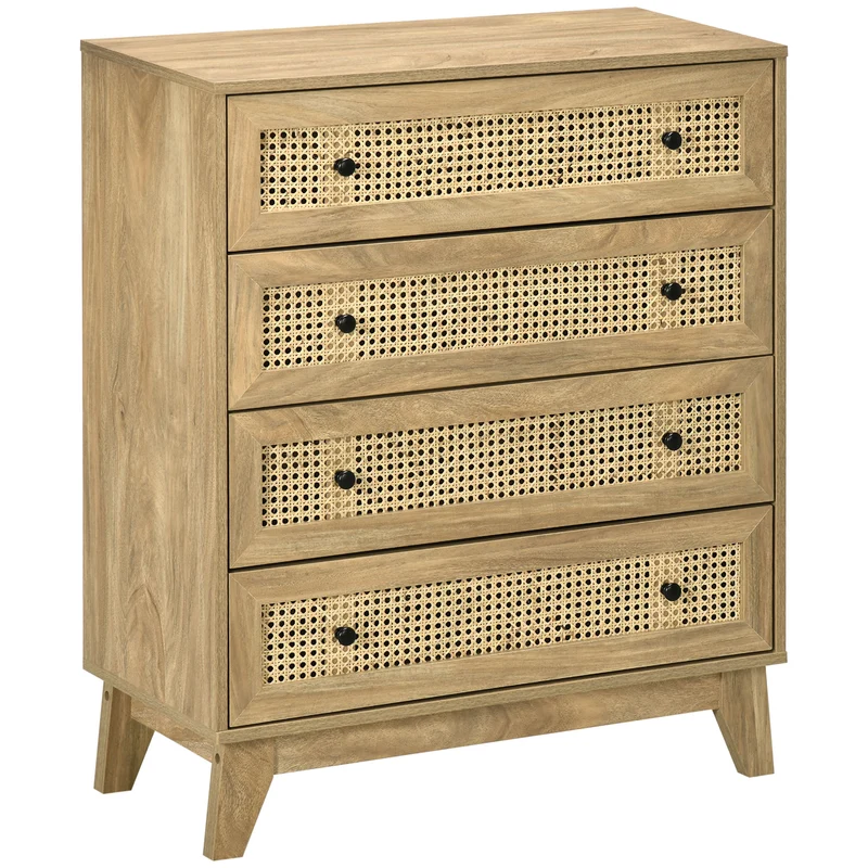 Cassettiera con 4 Cassetti in Stile Boho 80x35x95 cm Inserti in Rattan color Legno
