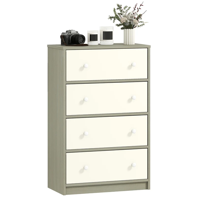 Cassettiera con 4 Cassetti in Tessuto 58x30x91 cm con Maniglie Doppie Struttura in MDF Bianco e Grigio