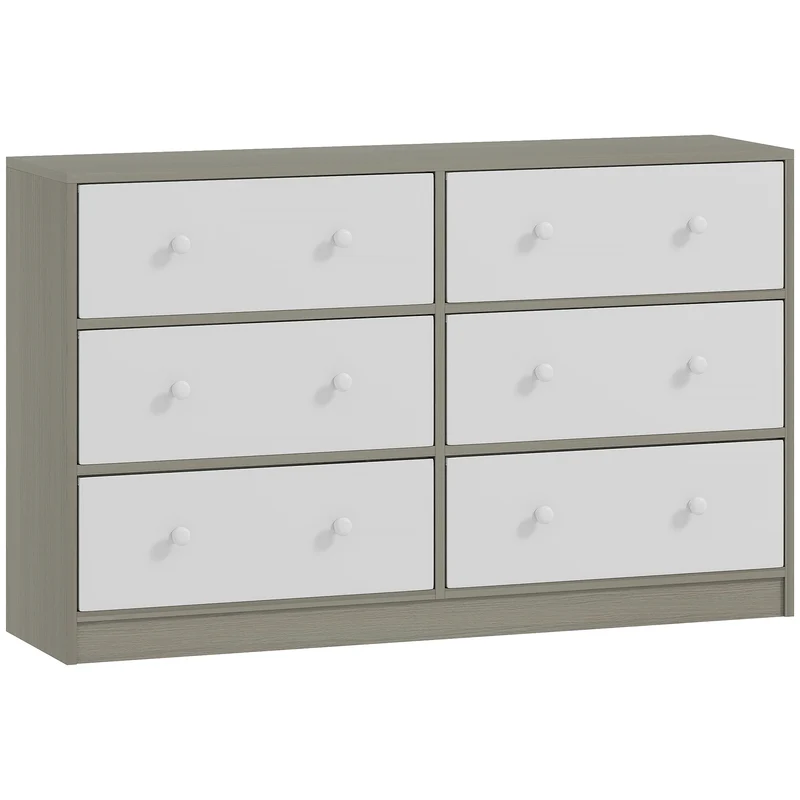 Cassettiera con 6 Cassetti in Tessuto 114x30x70 cm con Maniglie Doppie Struttura in MDF Bianco e Grigio