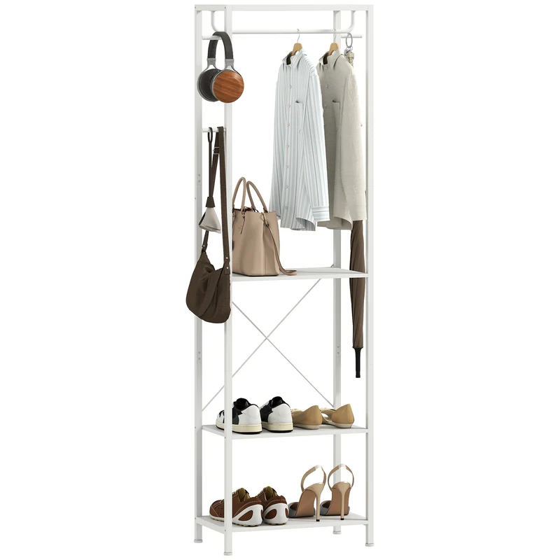 Mobile Ingresso Appendiabiti con Mensola e Scarpiera 52x30x180 cm in Metallo Bianco
