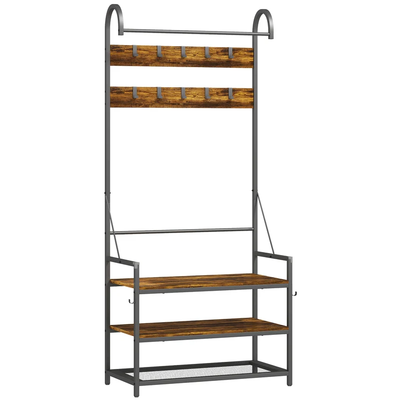 Mobile Ingresso Appendiabiti con Panca e Scarpiera 80x40x182 cm in Legno e Metallo Marrone e Nero