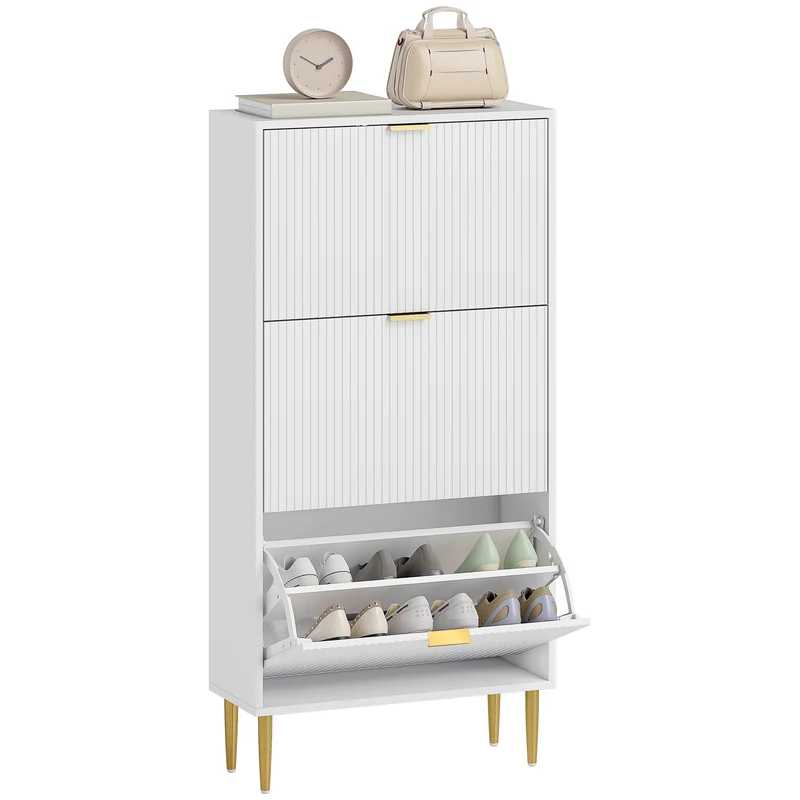 Scarpiera Slim per 18 Paia di Scarpe 60x24x128 cm con 3 Cassetti a Ribalta in MDF Bianco