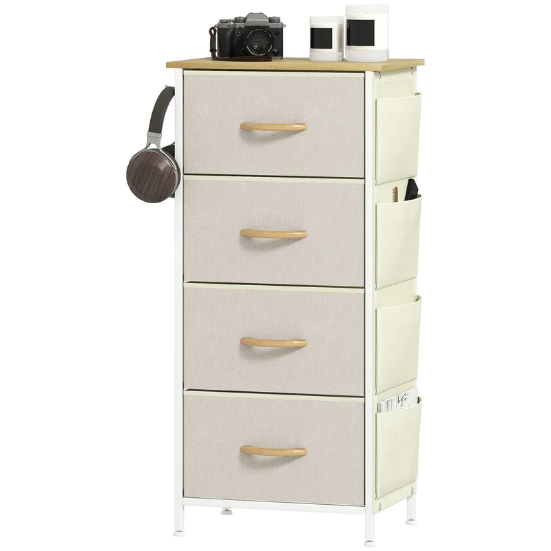Cassettiera 4 Cassetti Pieghevoli 45x30x94,5 cm Struttura in Acciaio e Tessuto Beige