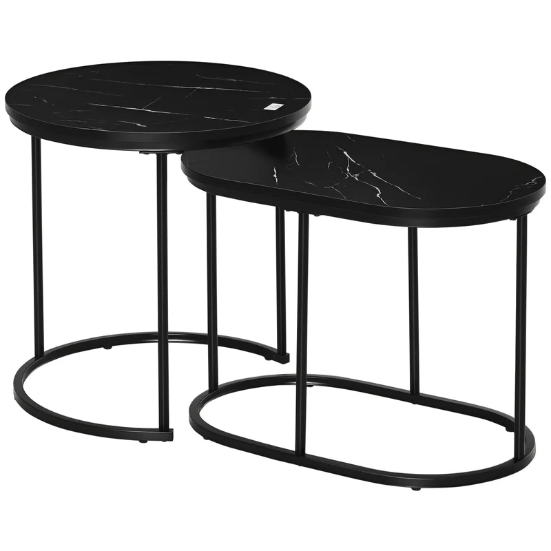 Set 2 Tavolini Sovrapponibili Ø50x50,5 cm e 60x36x43,5 cm con Piano Effetto Marmo Nero
