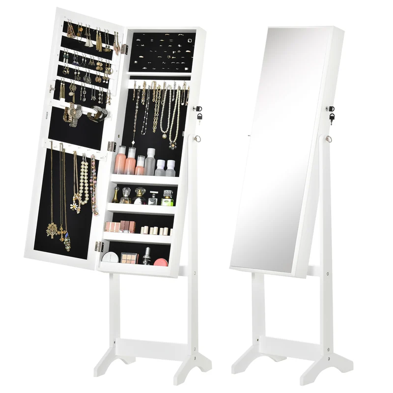 Specchio con Armadietto Portagioielli da Terra 46x36,5x151,5 cm con Serratura e Organizer in MDF Bianco