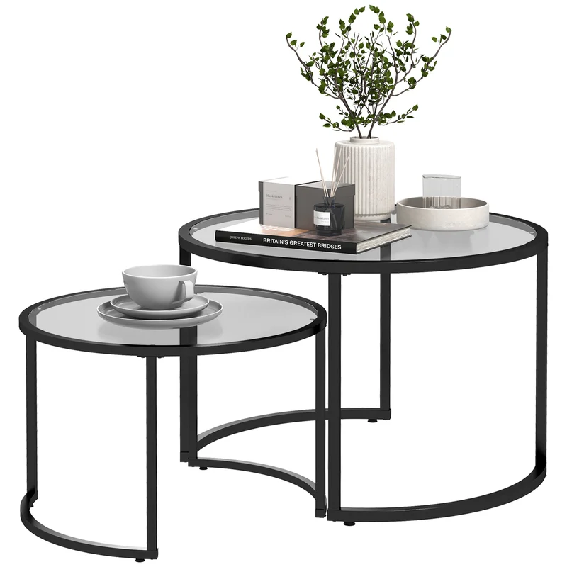 Set 2 Tavolini Sovrapponibili Ø70x47,5 cm e Ø54 x 42,5 cm in Vetro e Acciaio Nero