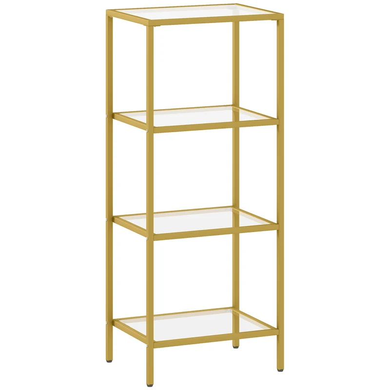 Libreria a 4 Livelli Minimal 40x30x96,5 cm Ripiani in Vetro Temperato Struttura in Metallo Oro