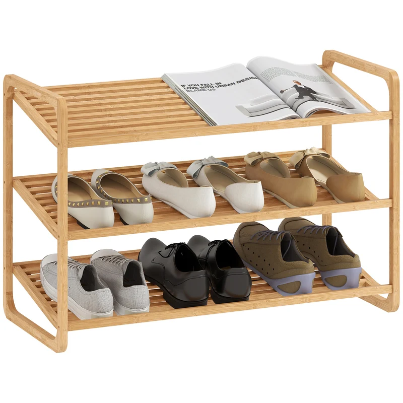 Scaffale Scarpiera a 3 Livelli per 12 Paia di Scarpe 76x33x50,8 cm con Ripiani a Doghe in Bambù