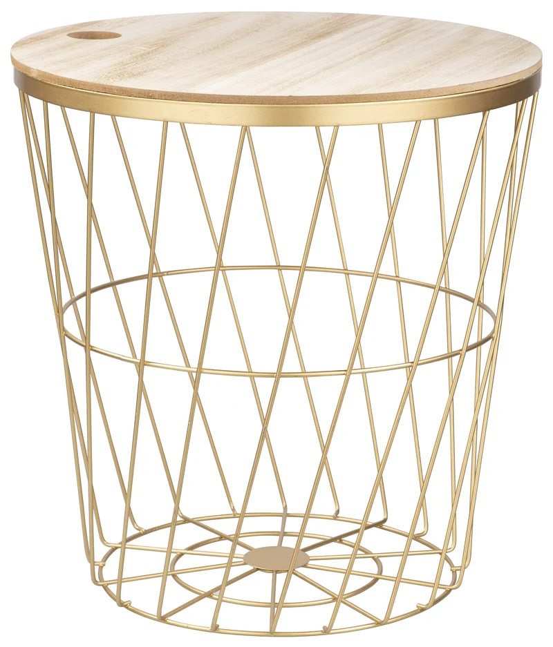 Tavolino Ø38x40 cm in Metallo Top in Legno Oro