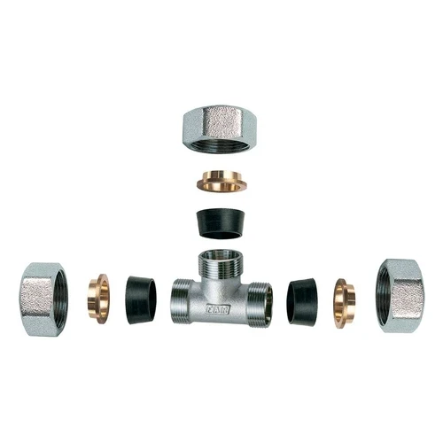 Raccordo cromato a t con 3 monoconi in gomma per rame 1/2 x 18