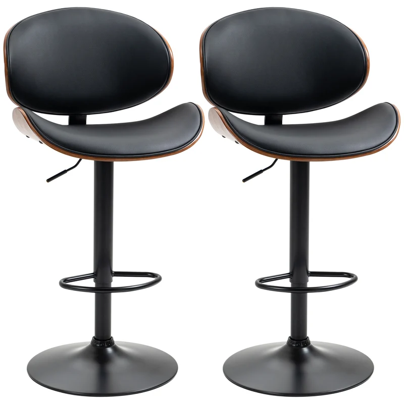 Set 2 Sgabelli da Bar con Schienale 53x52x92-112 cm in Legno e Finta Pelle Nero
