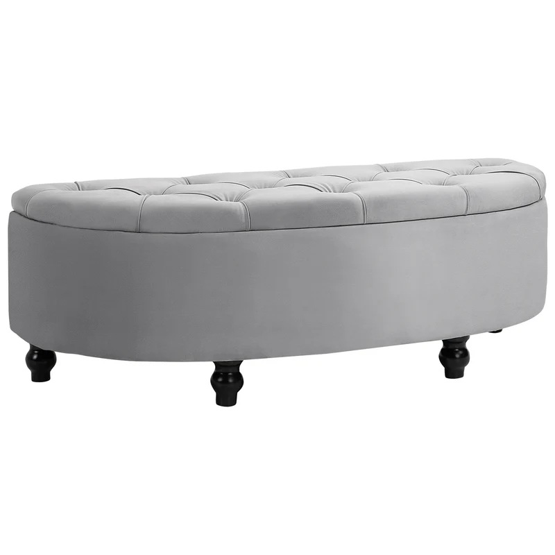 Panca Contenitore Fondoletto a Semicerchio 120x46x42 cm in Velluto e Legno Grigio Chiaro
