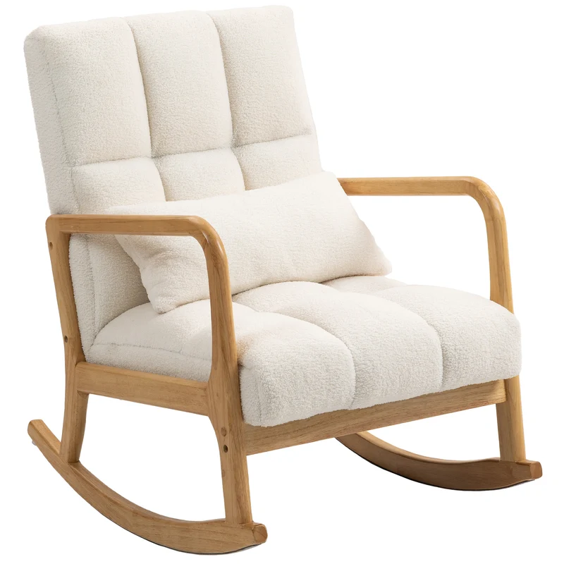 Poltrona a Dondolo 90°-130° 64,5x82x89 cm con Cuscino Lombare in Tessuto Sherpa Bianco