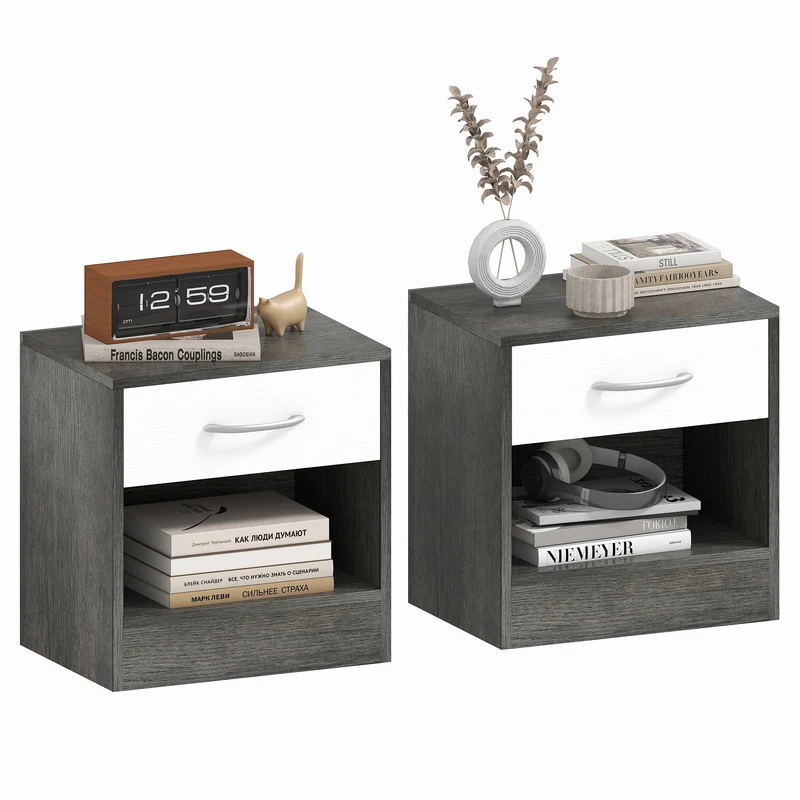 Set 2 Comodini con Cassetto e Ripiano Aperto 39x28x41 cm in Legno Bianco e Grigio Scuro