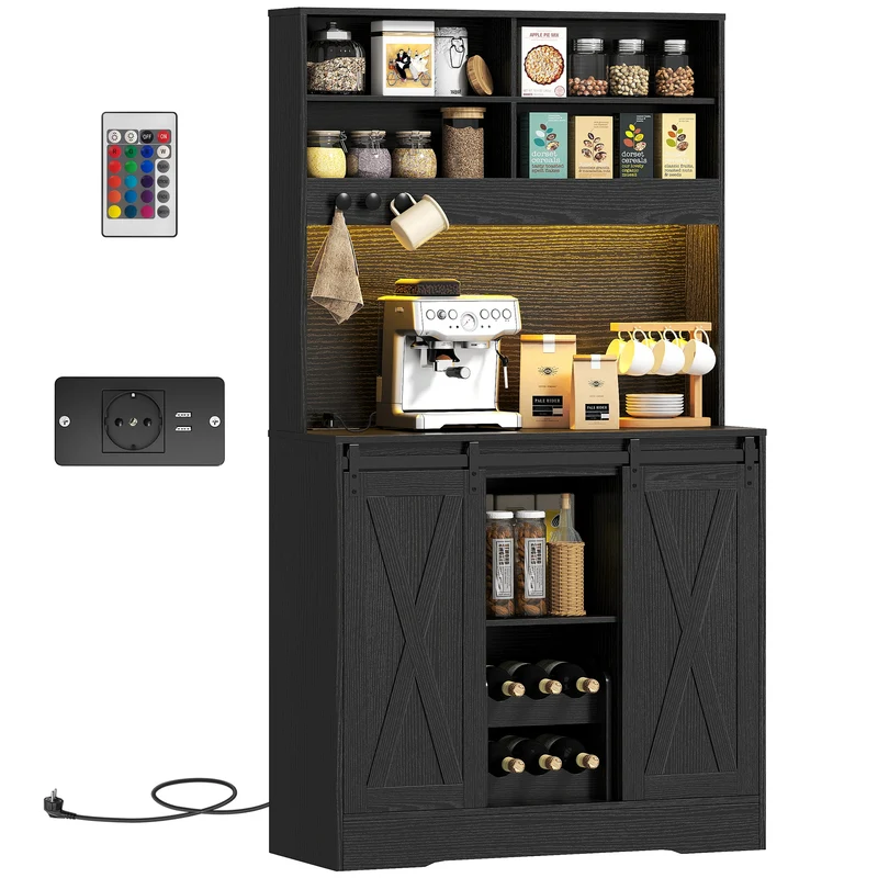 Credenza da Cucina Alta Stile Rustico 100x38x180 cm Portabottiglie Prese di Ricarica e Luci LED in Truciolare Nero