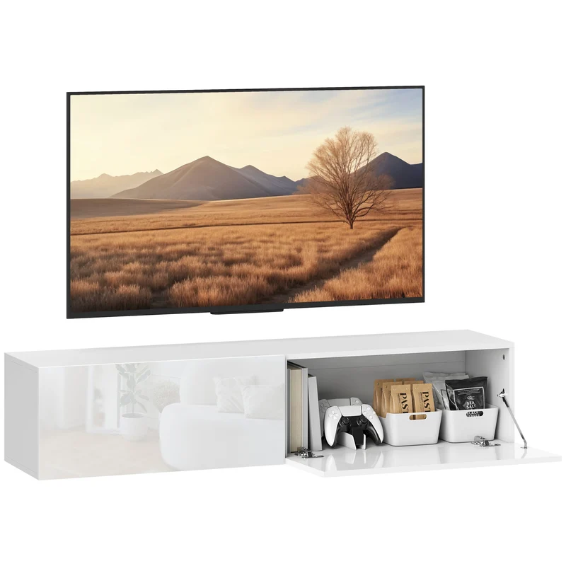 Mobile Sospeso con Armadietti con Ante a Ribalta 140x33x29,8 cm in Truciolare Bianco Lucido