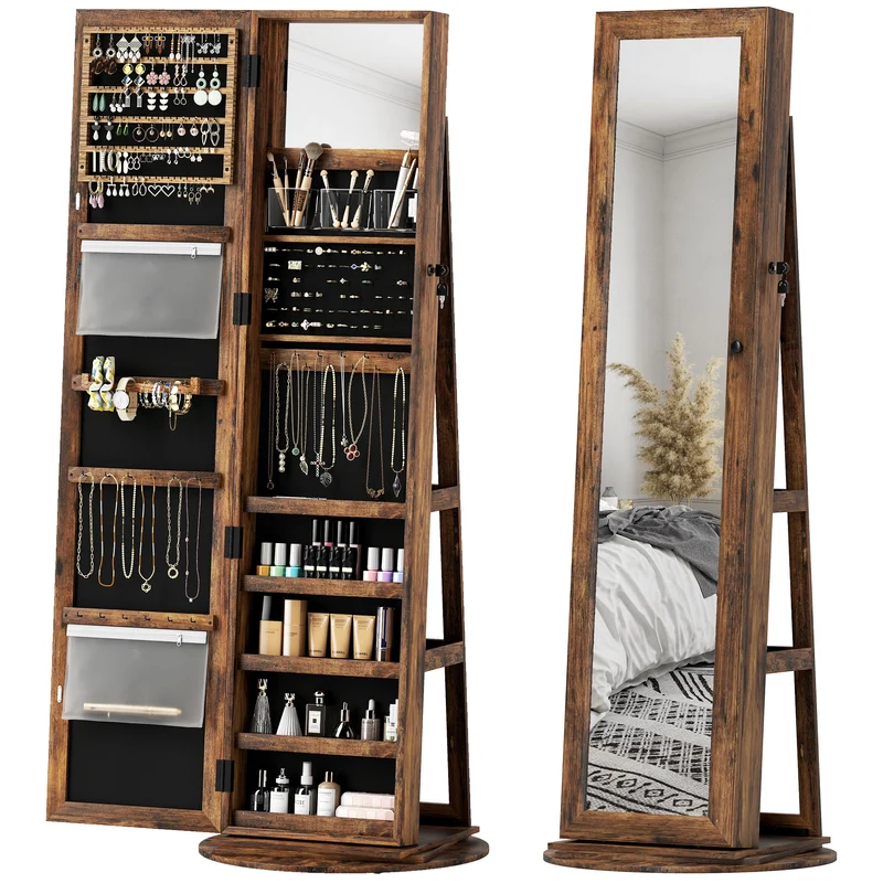 Specchio Portagioie 3 in 1 Girevole a 360° e Autoportante 55x55x161 cm in MDF Marrone Rustico