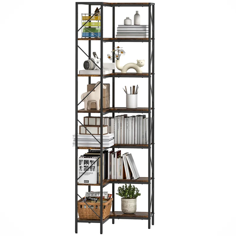 Libreria Angolare Stile Industriale a 7 Livelli 60x60x198 cm in Legno e Acciaio Marrone Rustico