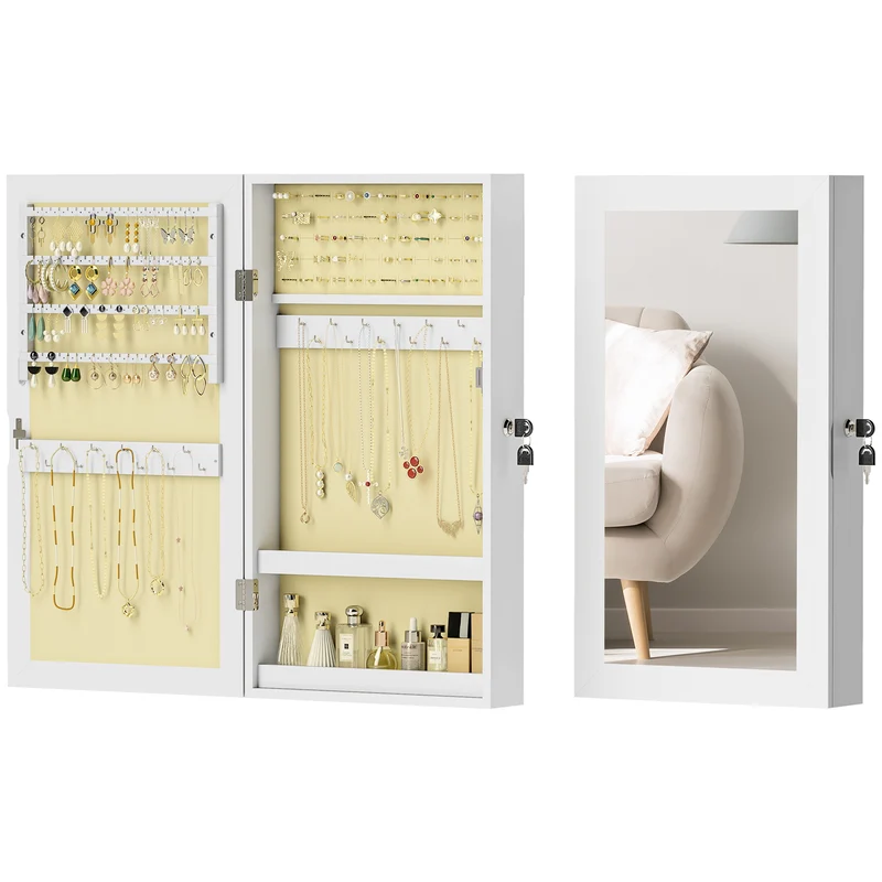 Specchio Portagioie 36,5x9,5x67 cm Armadietto con 2 Chiavi in Legno Bianco