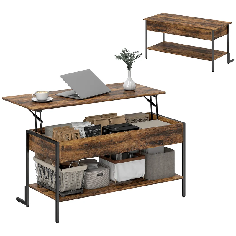 Tavolino da Caffè in Stile Industriale 95x40x46,5 cm con Vano Nascosto e Ripiano in Legno Marrone