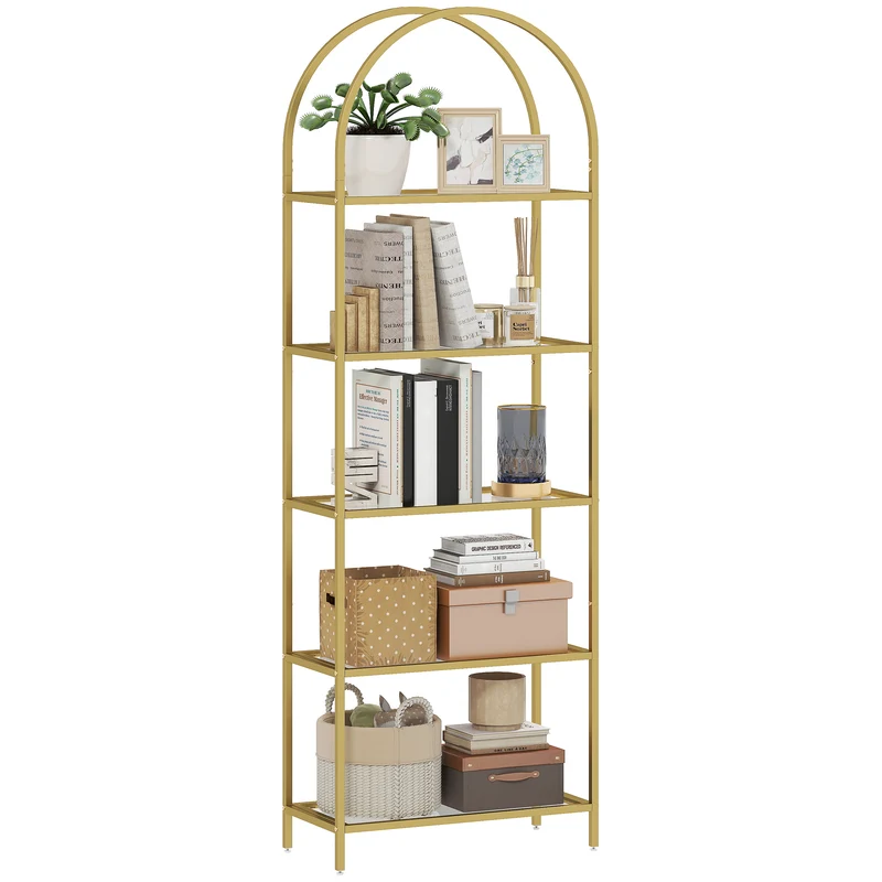 Scaffale Libreria Portaoggetti ad Arco 60x30x175 cm a 5 Ripiani in Acciaio e Vetro Temperato Oro