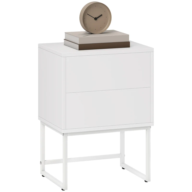 Comodino Moderno a 2 Cassetti con Apertura a Pressione 40x30x50 cm in MDF e Acciaio Bianco
