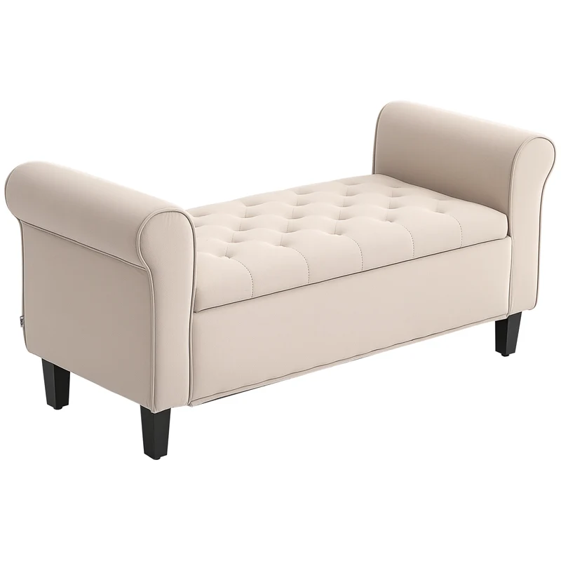 Panca Contenitore Fondoletto 126x48,5x57 cm con Braccioli Alti in Tessuto Effetto Velluto Beige