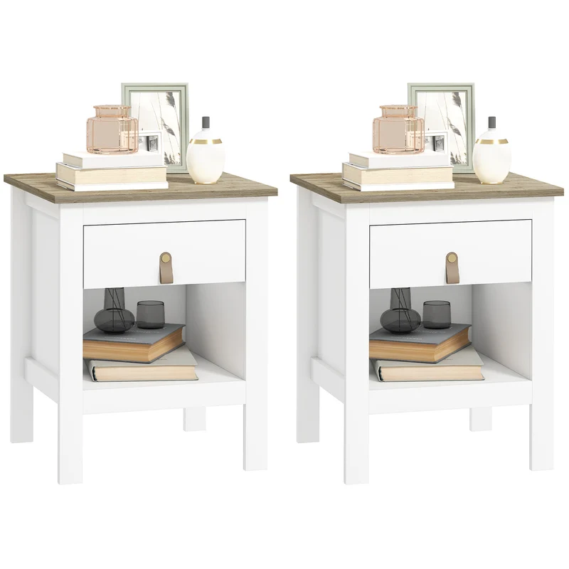 Set 2 Comodini con Cassetto e Ripiano Aperto 45x40x55 cm in Legno Bianco e Rovere