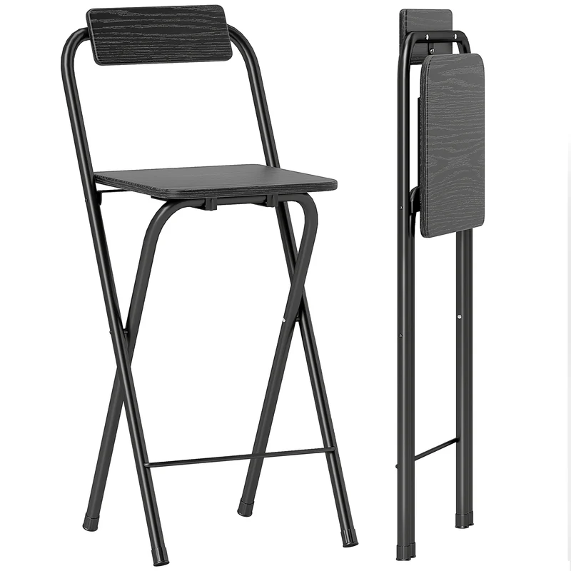 Set 2 Sgabelli da Bar Pieghevoli con Poggiapiedi 37x45x87 cm in Legno e Acciaio Nero