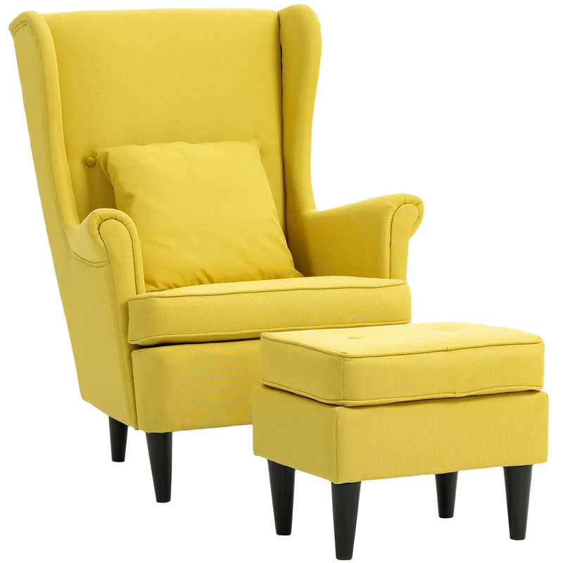 Poltrona con Poggiapiedi in Stile Moderno 75x83x104 cm in Tessuto Effetto Lino e Legno Giallo