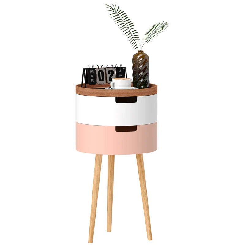 Set 2 Tavolini da Caffè con 2 Vani Contenitore e Vassoio Superiore Ø35 x 65,5 cm in MDF e Legno Bianco e Rosa