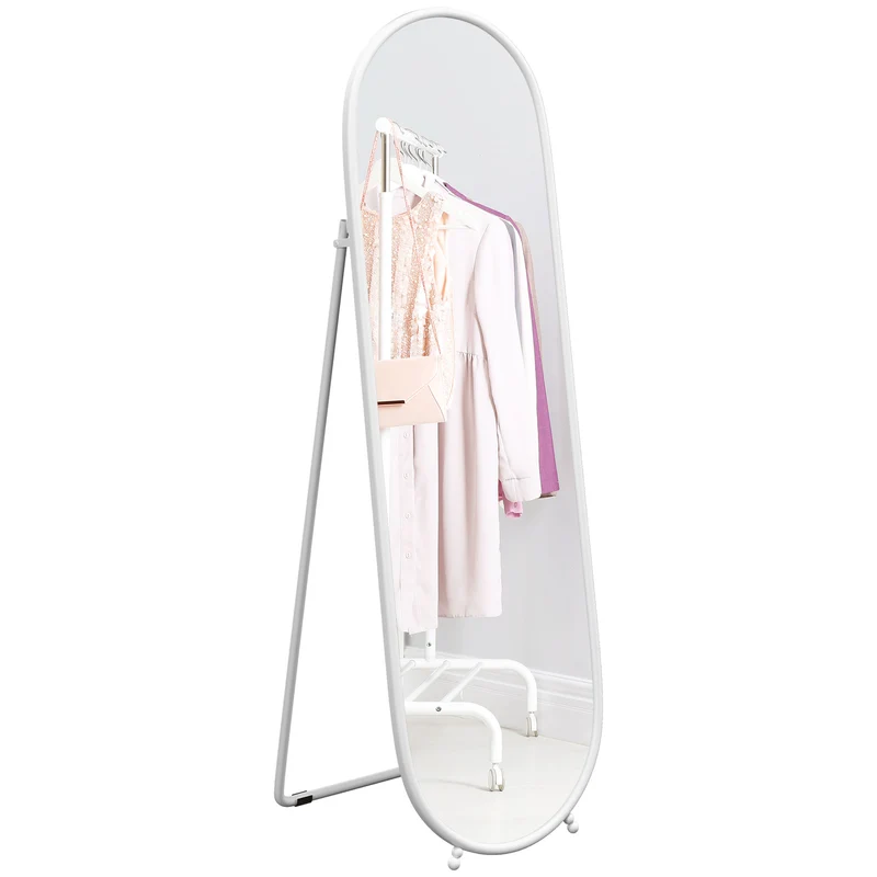 Specchio a Figura Intera da Terra 40x41x159 cm con Supporto Pieghevole in Vetro e Metallo Bianco