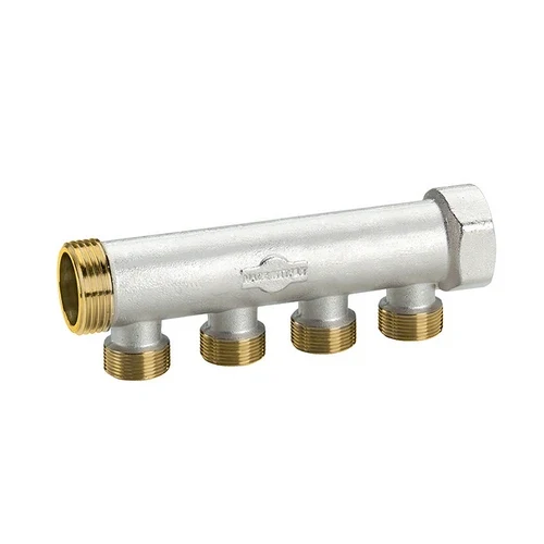 Collettore in ottone nichelato con derivazioni m 24x19 3/4 x 3 vie l. 121 mm