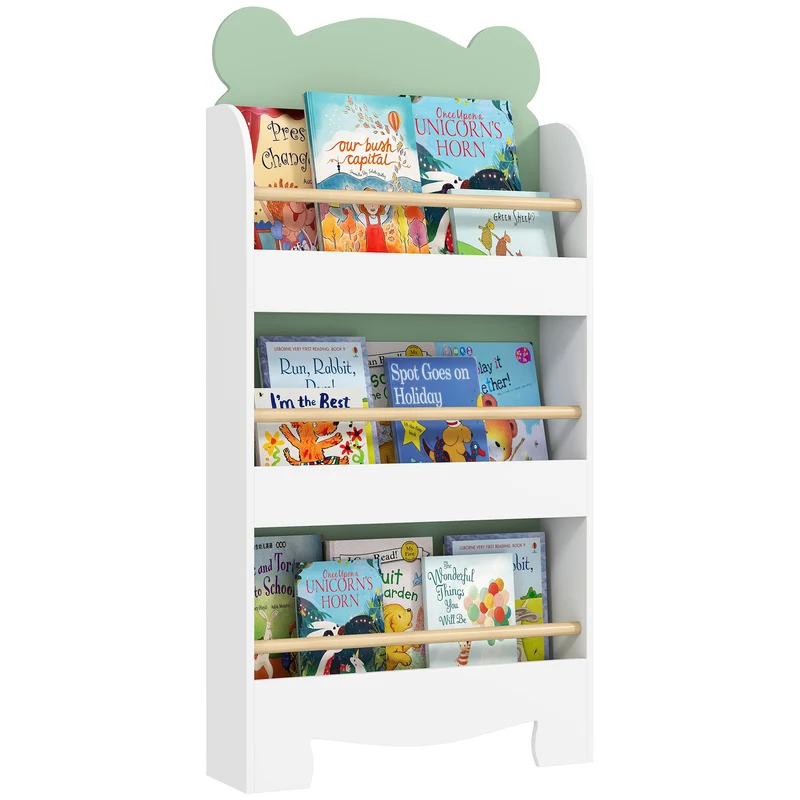 Libreria per Bambini 55x15x110 cm a Forma di Orsetto a 3 Ripiani con Barriere Frontali in MDF e Legno Verde