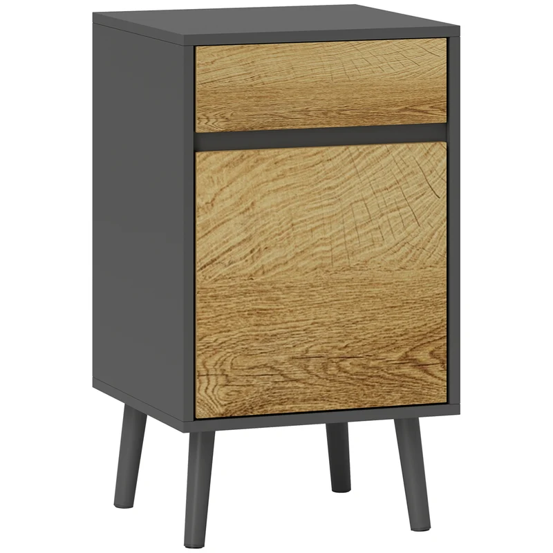 Comodino Moderno 40x39x69 cm con Cassetto e Armadietto in Truciolare Senza Maniglie Grigio Scuro e Legno