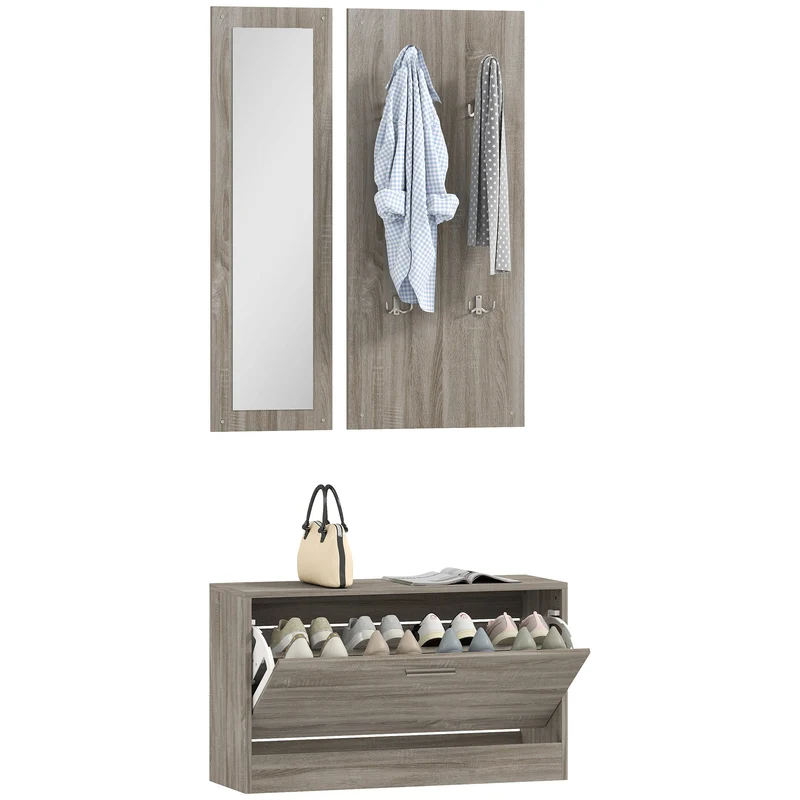 Set da Ingresso con Scarpiera Appendiabiti e Specchio in Legno e Vetro Grigio