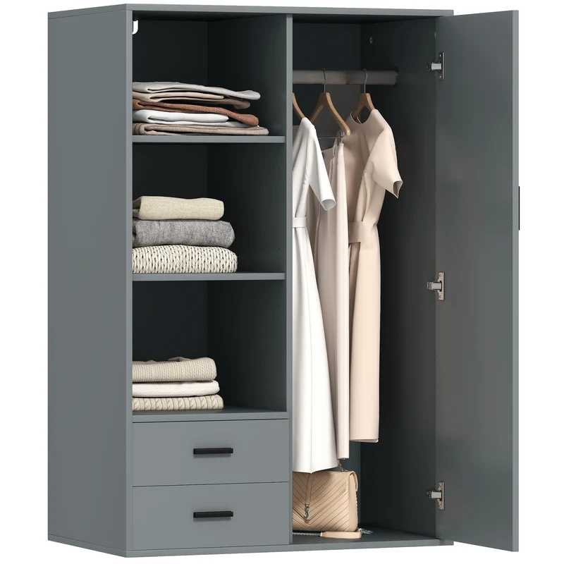 Armadio Moderno 80x50x124 cm Appendiabiti Cassetti e Mensole in Truciolare Grigio Scuro