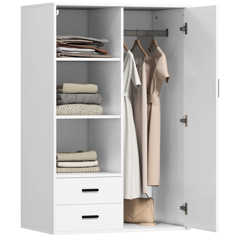 Armadio Moderno 80x50x124 cm Appendiabiti Cassetti e Mensole in Truciolare Bianco