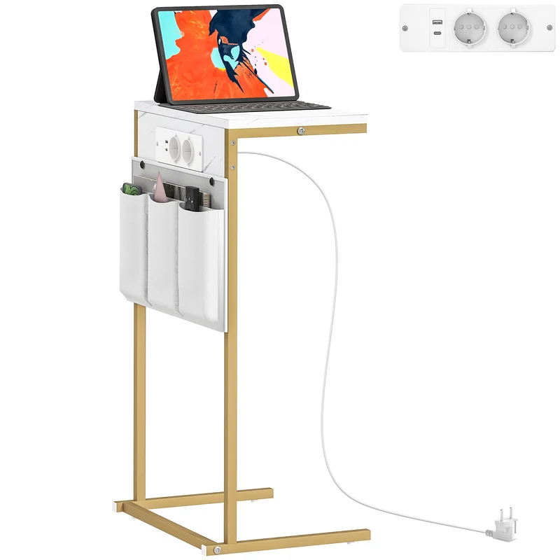 Tavolino da Salotto a Forma di C Piano Effetto Marmo con Prese di Corrente e USB in MDF Bianco
