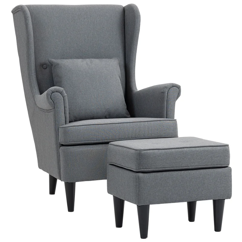 Poltrona da Salotto 75x83x104 cm con Pouf Poggiapiedi in Tessuto Grigio